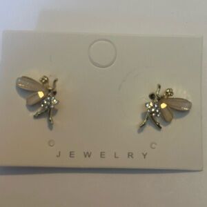 JTV Gold Bee Stud Earrings with Cream Wings and Crystal Accents